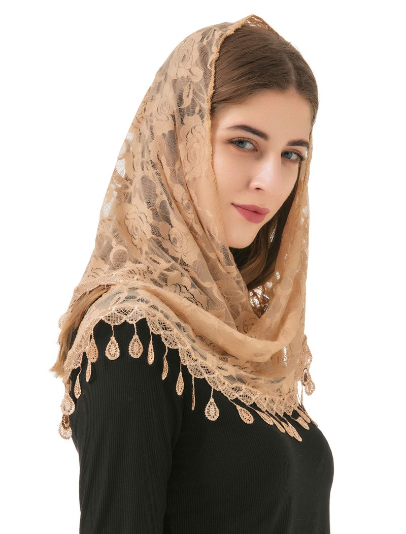 PAMOR Mass Veil Triangle Mantilla Cathedral Head Covering Chapel Veil Lace Shawl Latin Scarf (Champagne) - Image 1