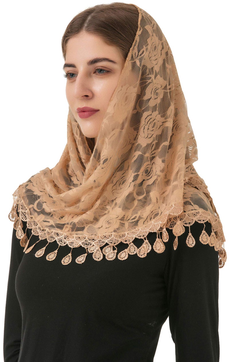 PAMOR Mass Veil Triangle Mantilla Cathedral Head Covering Chapel Veil Lace Shawl Latin Scarf (Champagne) - Image 2