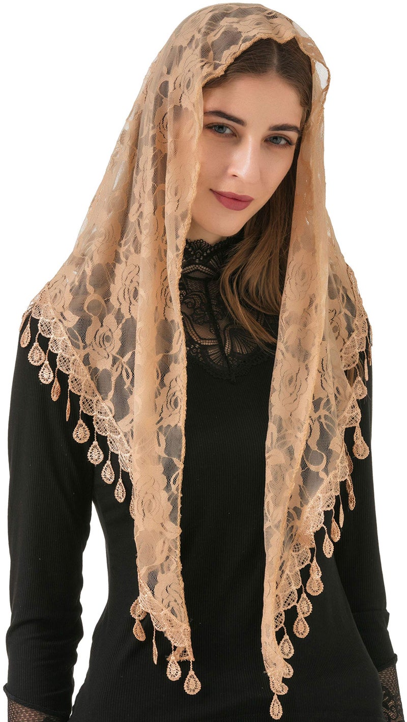 PAMOR Mass Veil Triangle Mantilla Cathedral Head Covering Chapel Veil Lace Shawl Latin Scarf (Champagne) - Image 3