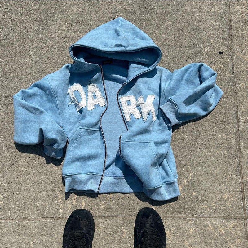 Autumn Winter Unisex Hoodie Zip-Up Letter Patch Sweatshirt Black Top - Image 3