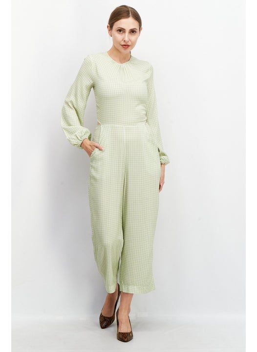 Women Gingham Long Sleeve Jumpsuit, Sage LIme