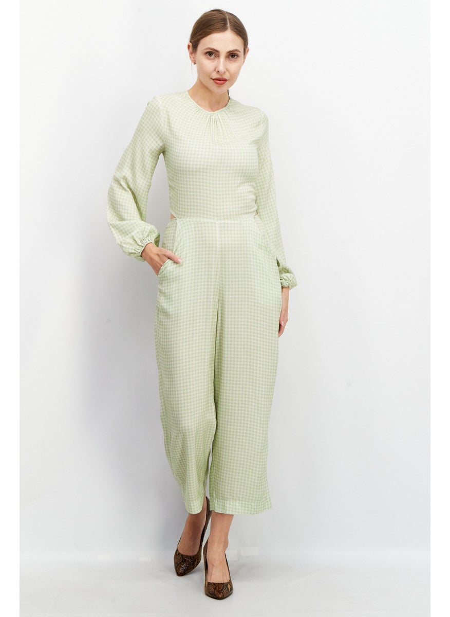 Closet London Women Gingham Long Sleeve Jumpsuit, Sage LIme  - Image 1