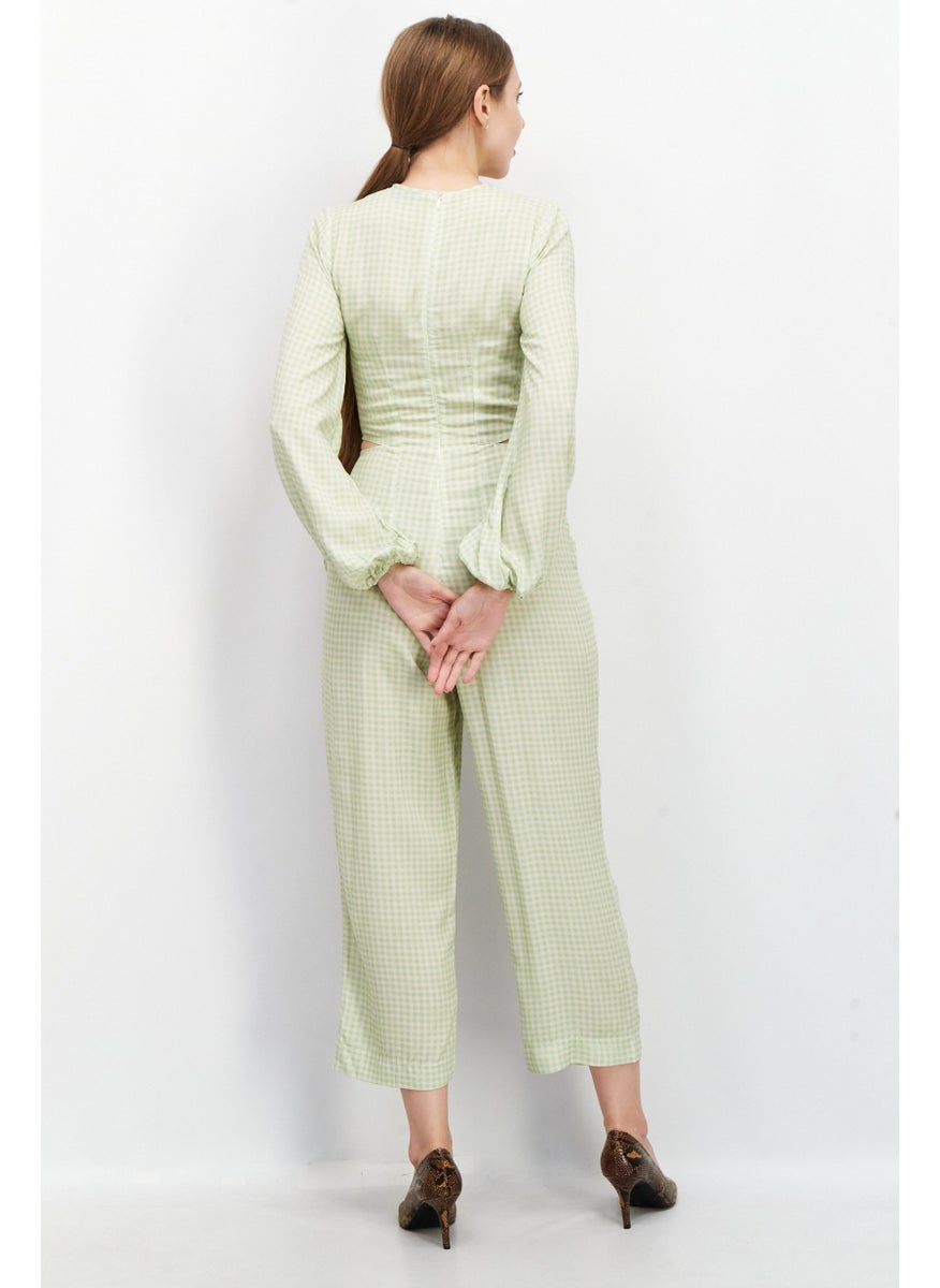 Closet London Women Gingham Long Sleeve Jumpsuit, Sage LIme  - Image 3