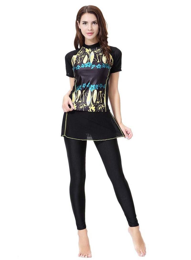 Loquat 2-Piece Conservative Swimwear Set Short Sleeve Burkini Swimsuit Set Black Printed  - Image 1