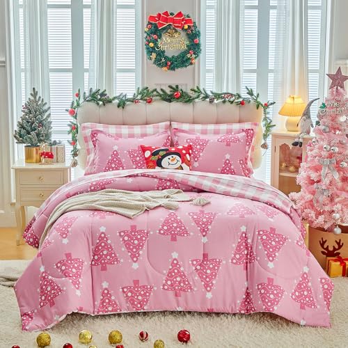 Joyreap 6 Piece Christmas Bed in a Bag Twin Pink Xmas Tree Design Comforter Sheet Set All Season Microfiber Holiday Theme Bedding Comforter Set - Image 1