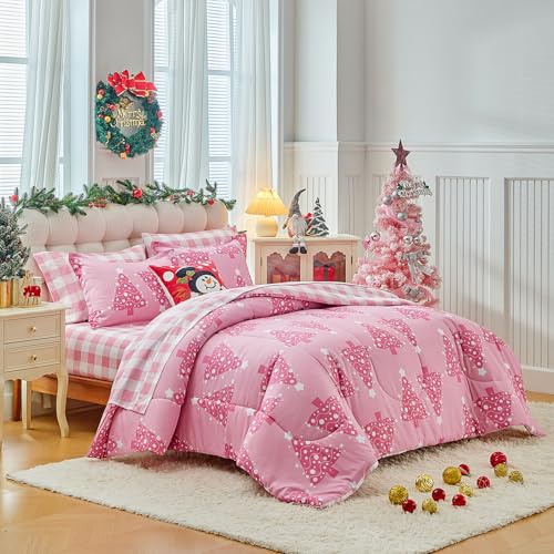 Joyreap 6 Piece Christmas Bed in a Bag Twin Pink Xmas Tree Design Comforter Sheet Set All Season Microfiber Holiday Theme Bedding Comforter Set - Image 3