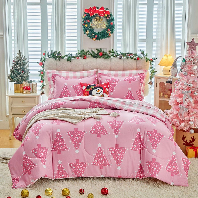 Joyreap 6 Piece Christmas Bed in a Bag Twin Pink Xmas Tree Design Comforter Sheet Set All Season Microfiber Holiday Theme Bedding Comforter Set - Image 2