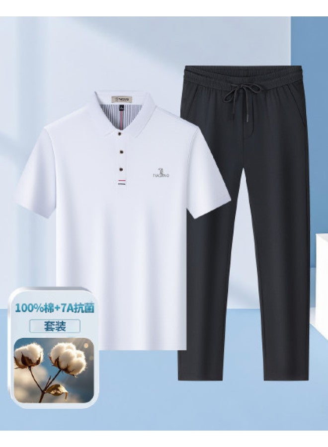 Tucano 100% Pure Cotton Anti-bacterial Short Sleeve Polo Shirt + Ice Silk Casual Trousers Dad Men's Suit Set - Image 1