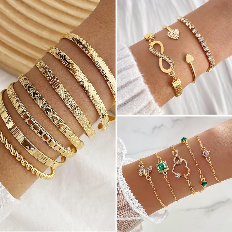 IFKM Gold Jewelry Set For Women, 14k Gold Plated Multi Layer Necklaces Bracelets Stackable Knuckle Rings Hoop Earrings set, Trendy Elegance Charms Non Tarnish Minimalist Textured Boho Jewelry Gift - Image 3