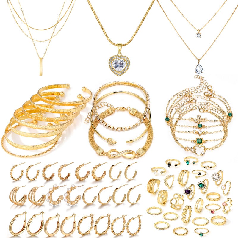 IFKM Gold Jewelry Set For Women, 14k Gold Plated Multi Layer Necklaces Bracelets Stackable Knuckle Rings Hoop Earrings set, Trendy Elegance Charms Non Tarnish Minimalist Textured Boho Jewelry Gift - Image 1