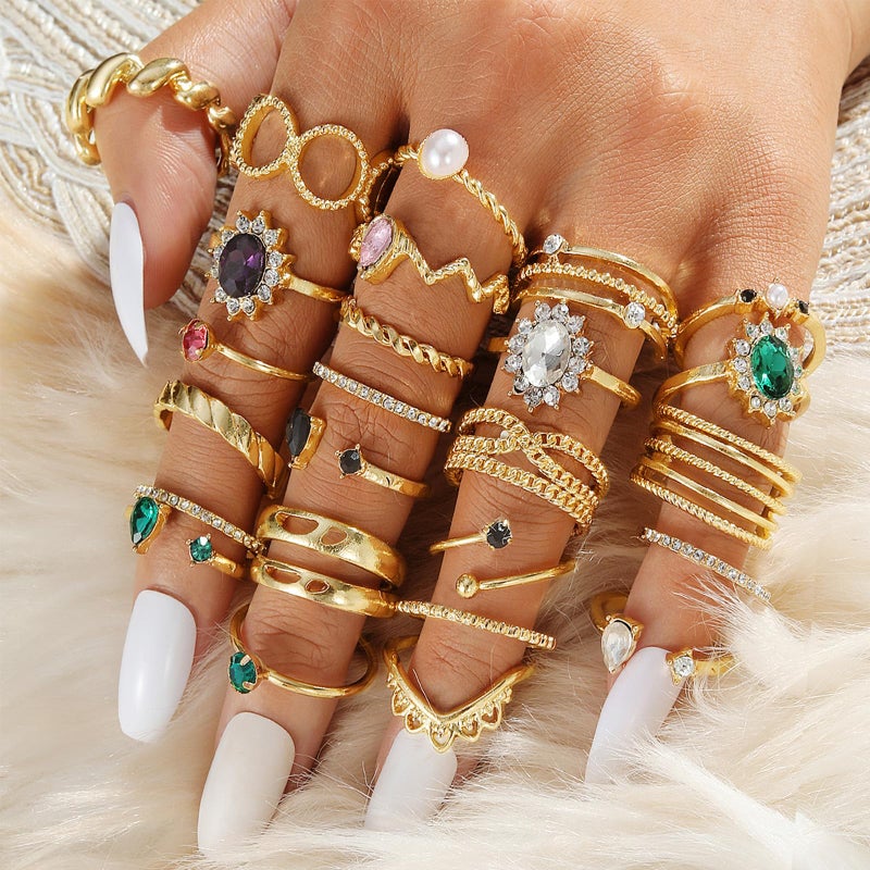 IFKM Gold Jewelry Set For Women, 14k Gold Plated Multi Layer Necklaces Bracelets Stackable Knuckle Rings Hoop Earrings set, Trendy Elegance Charms Non Tarnish Minimalist Textured Boho Jewelry Gift - Image 5