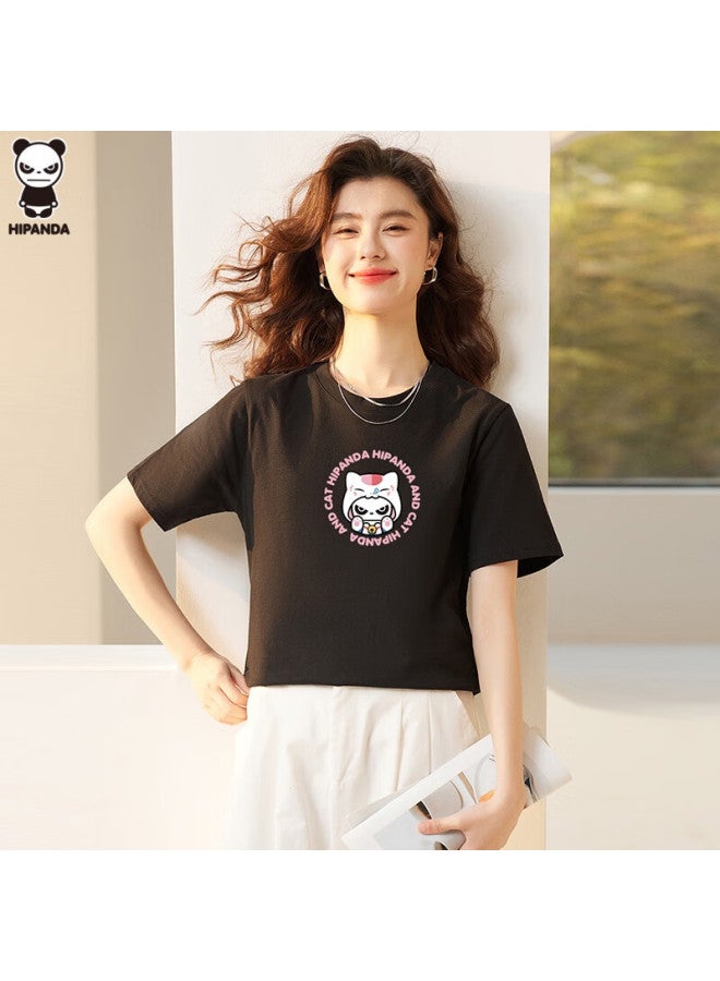 Hipanda o Panda Short-sleeve T-shirt For Women, Summer Regular Shoulder Inner Wear, Pure Cotton Loose Printed Undershirt Top, Black, Size M - Image 1