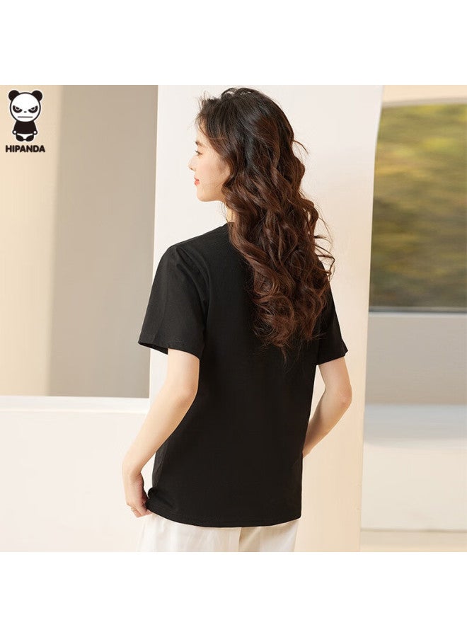 Hipanda o Panda Short-sleeve T-shirt For Women, Summer Regular Shoulder Inner Wear, Pure Cotton Loose Printed Undershirt Top, Black, Size M - Image 4