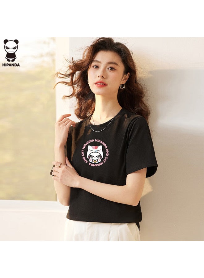 Hipanda o Panda Short-sleeve T-shirt For Women, Summer Regular Shoulder Inner Wear, Pure Cotton Loose Printed Undershirt Top, Black, Size M - Image 3
