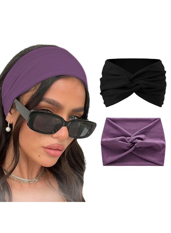 قطعتين من عصابات الرأس القطنية المحبوكة للنساء، بتصميم توربان بعقدة أنيقة، إكسسوارات شعر عصرية (بنفسجي غامق وأسود) - Image 1
