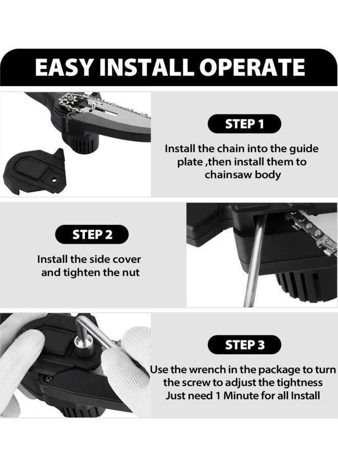Mini Chainsaw Electric Handheld Chainsaw 6 Inch Cordless Chain Saw Battery Powered Pruning Shears Chainsaw with 2 21V Rechargeable Battery 2 Chains for Wood Cutting Branch Tree Trimming Gardening