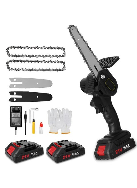 Mini Chainsaw Electric Handheld Chainsaw 6 Inch Cordless Chain Saw Battery Powered Pruning Shears Chainsaw with 2 21V Rechargeable Battery 2 Chains for Wood Cutting Branch Tree Trimming Gardening