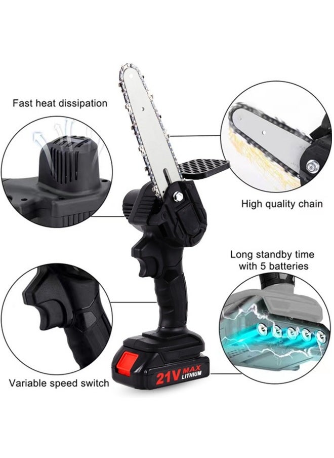 Mini Chainsaw Electric Handheld Chainsaw 6 Inch Cordless Chain Saw Battery Powered Pruning Shears Chainsaw with 2 21V Rechargeable Battery 2 Chains for Wood Cutting Branch Tree Trimming Gardening