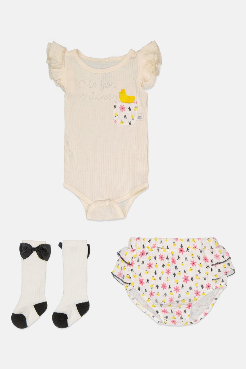 Exer Saucer Toddlers Girl 3 Pcs Allover Print Bodysuit And Pantie Set With Socks, Multicolor - Image 2