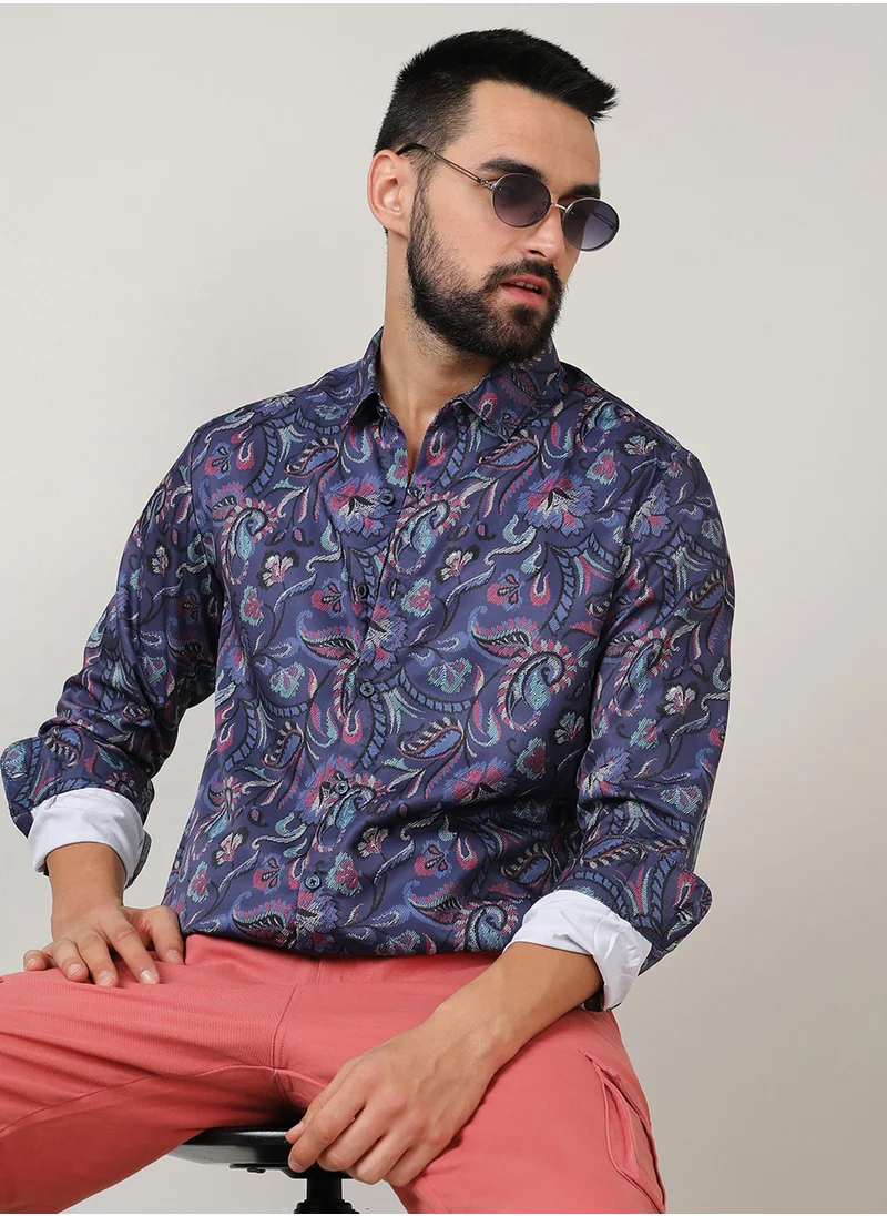 كامبوس سوترا Campus Sutra Men's Navy Blue Paisley Shirt For Casual Wear | Spread Collar | Long Sleeve | Button Closure | Shirt Crafted With Comfort Fit For Everyday Wear