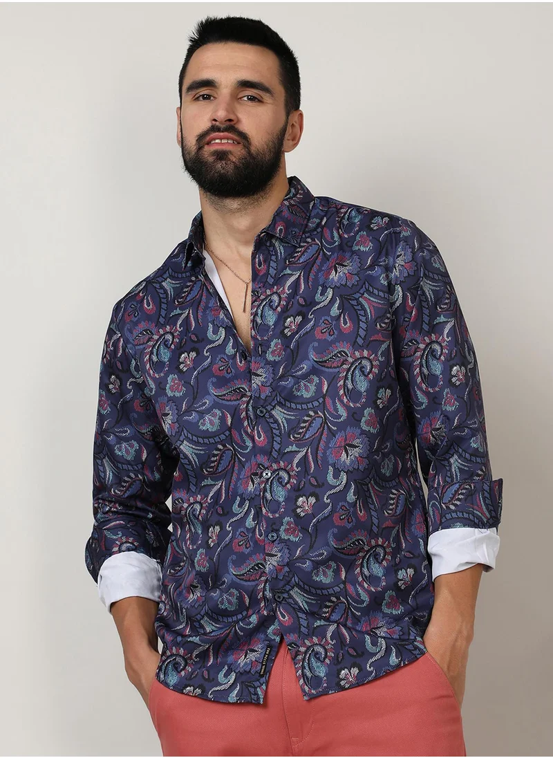 كامبوس سوترا Campus Sutra Men's Navy Blue Paisley Shirt For Casual Wear | Spread Collar | Long Sleeve | Button Closure | Shirt Crafted With Comfort Fit For Everyday Wear