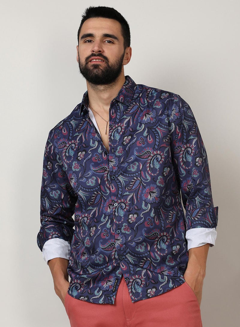 Campus Sutra Campus Sutra Men's Navy Blue Paisley Shirt For Casual Wear | Spread Collar | Long Sleeve | Button Closure | Shirt Crafted With Comfort Fit For Everyday Wear  - Image 2