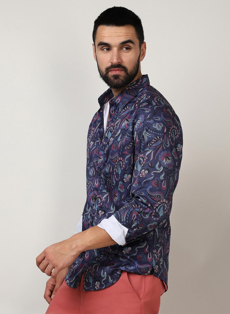 Campus Sutra Campus Sutra Men's Navy Blue Paisley Shirt For Casual Wear | Spread Collar | Long Sleeve | Button Closure | Shirt Crafted With Comfort Fit For Everyday Wear  - Image 3
