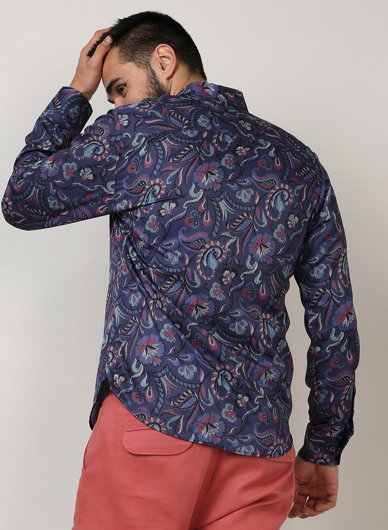 Campus Sutra Campus Sutra Men's Navy Blue Paisley Shirt For Casual Wear | Spread Collar | Long Sleeve | Button Closure | Shirt Crafted With Comfort Fit For Everyday Wear  - Image 5