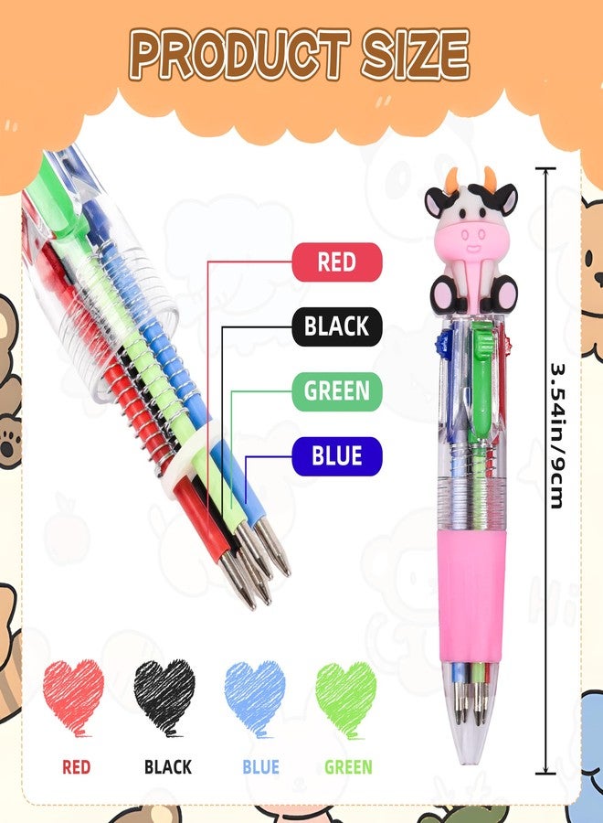 LiYiQ 100 Pcs Animals Multicolor Pen in One Cartoon Cute Fun 4-in-1 Cute Pens Bulk Kawaii Bear Cow Cat Elephant Tiger Lion Rabbit Monkey and Frog Shapes Cool Ballpoint Pens for Fun Gifts - Image 2