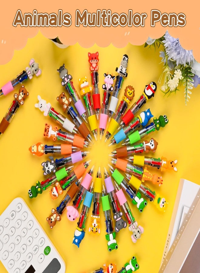 LiYiQ 100 Pcs Animals Multicolor Pen in One Cartoon Cute Fun 4-in-1 Cute Pens Bulk Kawaii Bear Cow Cat Elephant Tiger Lion Rabbit Monkey and Frog Shapes Cool Ballpoint Pens for Fun Gifts - Image 3