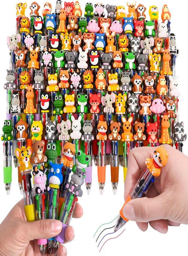 LiYiQ 100 Pcs Animals Multicolor Pen in One Cartoon Cute Fun 4-in-1 Cute Pens Bulk Kawaii Bear Cow Cat Elephant Tiger Lion Rabbit Monkey and Frog Shapes Cool Ballpoint Pens for Fun Gifts - Image 1