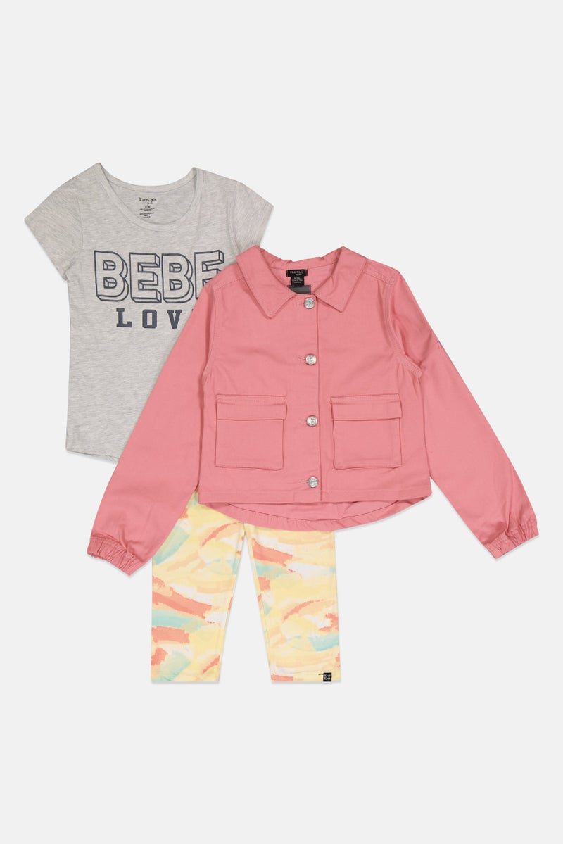 bebe Kids Girl 3 Pcs Brand Logo T-shirt, Jacket And Pants Set, Multicolor - Image 4