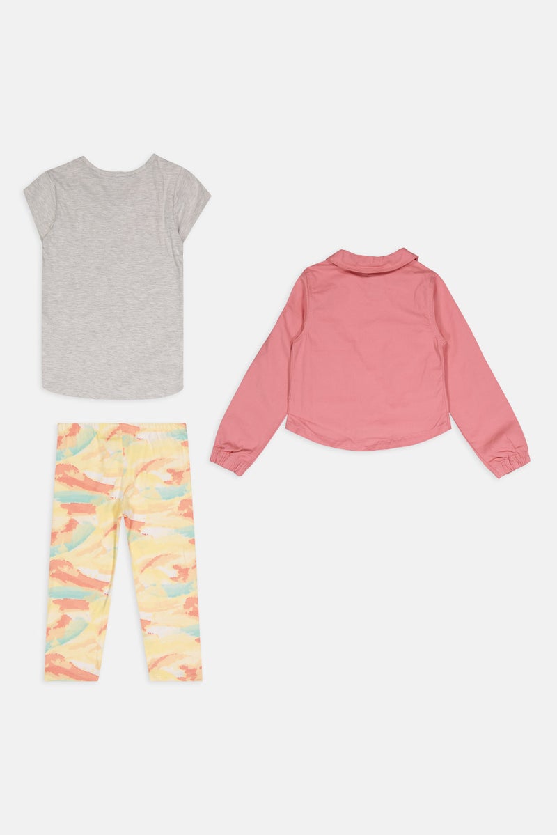 bebe Kids Girl 3 Pcs Brand Logo T-shirt, Jacket And Pants Set, Multicolor - Image 3