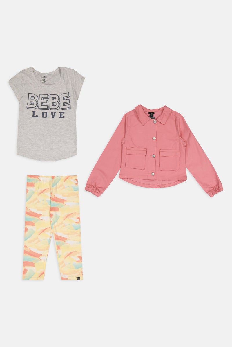 bebe Kids Girl 3 Pcs Brand Logo T-shirt, Jacket And Pants Set, Multicolor - Image 2