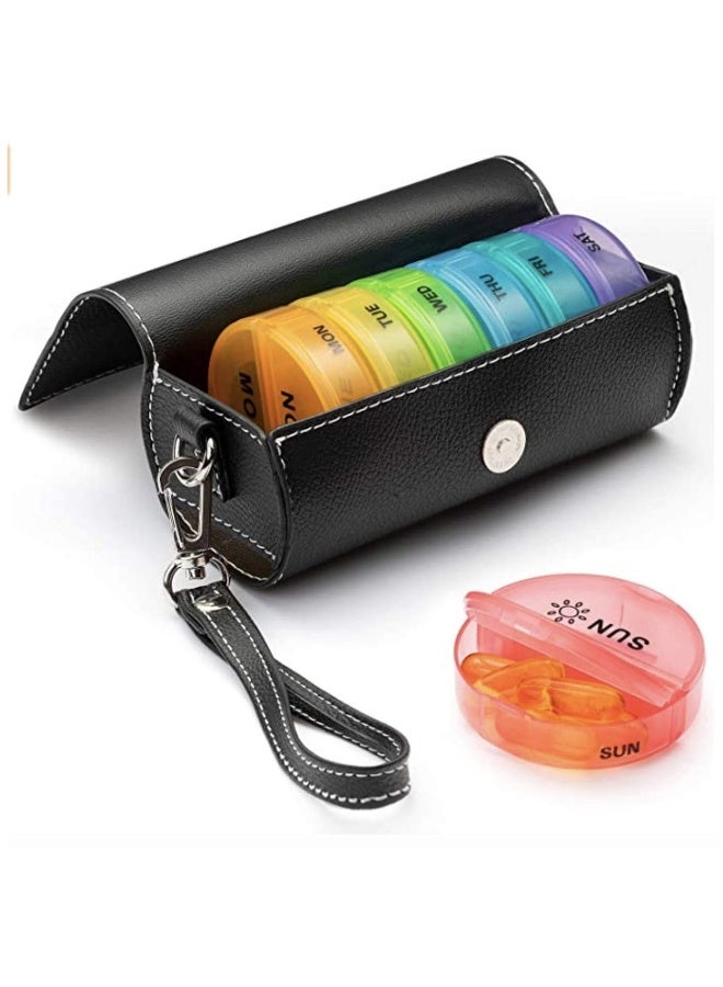 نيبمينينت منظم حبوب أسبوعي مرتين في اليوم، علبة حبوب دائرية محمولة للسفر لـ 7 أيام بأقسام واسعة، حقيبة من جلد PU، علبة حبوب محمولة للسفر للفيتامينات، الأدوية، زيوت السمك، والمكملات الغذائية - Image 1