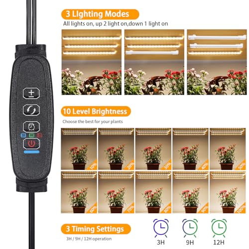 RWNTAO LED Grow Light Strips, Grow Lights for Indoor Plants Full Spectrum 3000K, Plant Light Bar with 3/9/12H Timer, 10 Dimmable Levels for Seedling Succulent,Best Match for Plant Shelf(3 Head×2 Pack) - Image 3