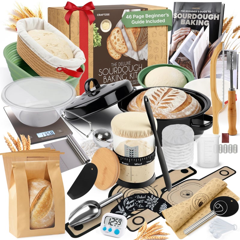CraftZee Super Deluxe All-Inclusive ð—£ð—¥ð—˜ð— ð—œð—¨ð—  Sourdough Starter Kit with Pot - Sourdough Bread Baking Supplies, Scale, Oval & Round Baking Slings, 4 proofing Baskets, Bowl, Timer, Beginner Guide & Recipes - Image 1