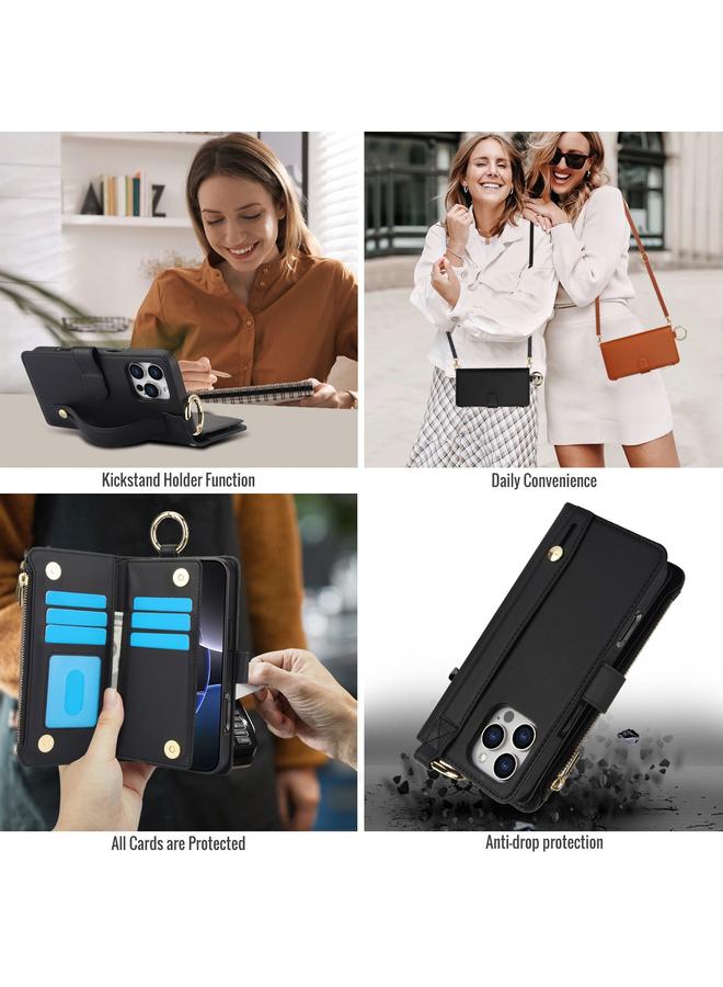 اس-توب جراب هاتف iPhone 16 Pro Max Crossbody Ring محفظة جلدية متعددة الوظائف - Image 5