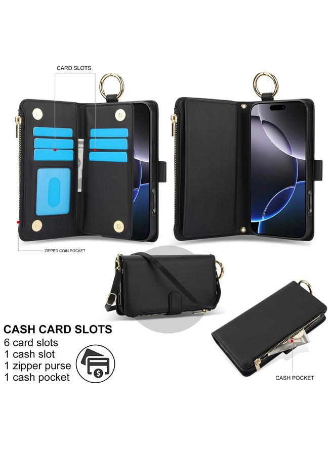 اس-توب جراب هاتف iPhone 16 Pro Max Crossbody Ring محفظة جلدية متعددة الوظائف - Image 3