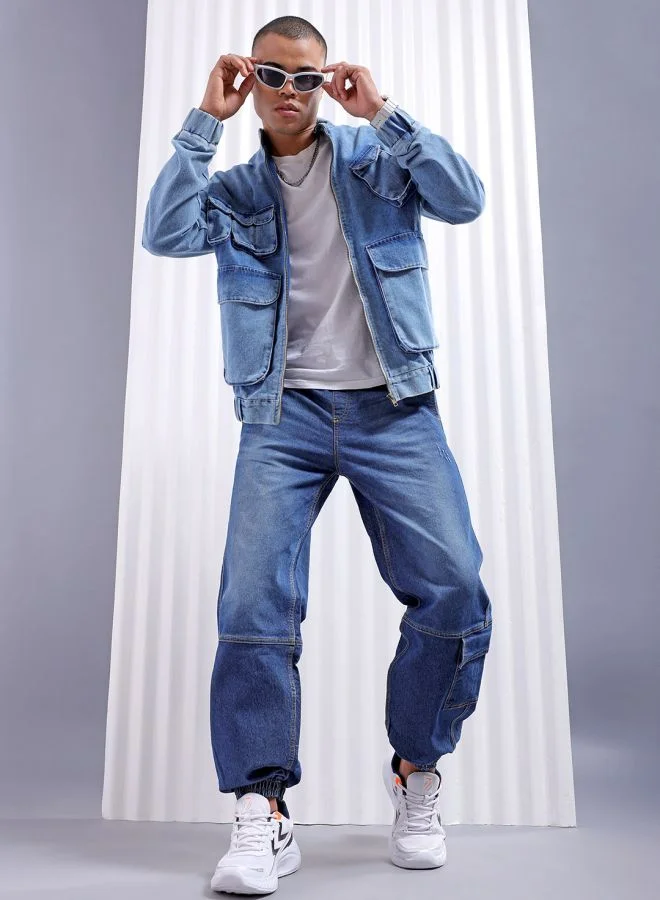 شركة المرآب الهندية Men Loose Fit Solid Mid-Rise Stretchable Denim Joggers