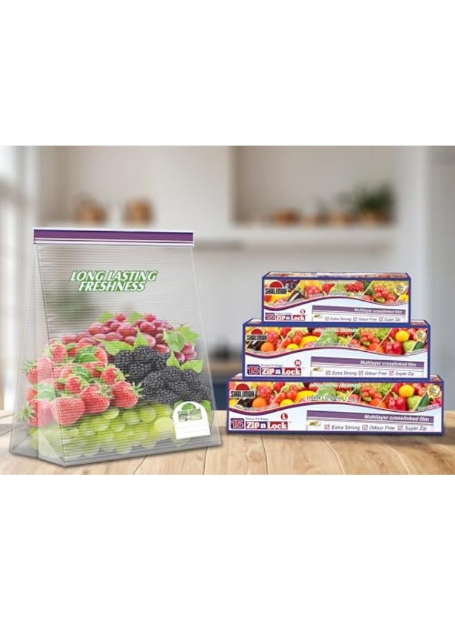 Shalimar Zip Lock Press Fit Reusable Bag – Combo Pack of 3 Boxes (Small + Medium + Large) – 45 Bags – Vegetable/Freeze/Multi-Purpose Storage Bags – Natural Color - Image 2