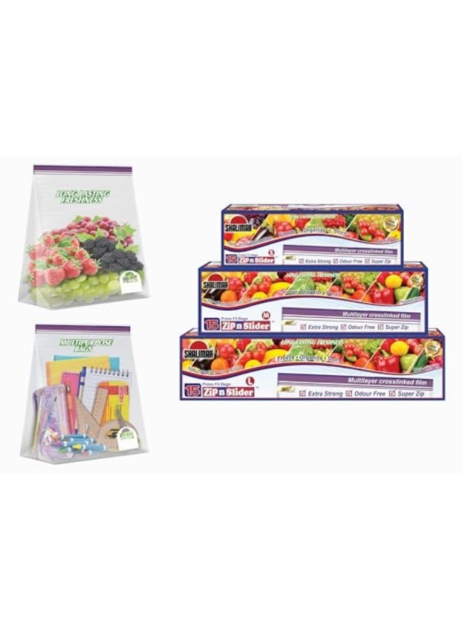 Shalimar Zip Lock Press Fit Reusable Bag – Combo Pack of 3 Boxes (Small + Medium + Large) – 45 Bags – Vegetable/Freeze/Multi-Purpose Storage Bags – Natural Color - Image 1