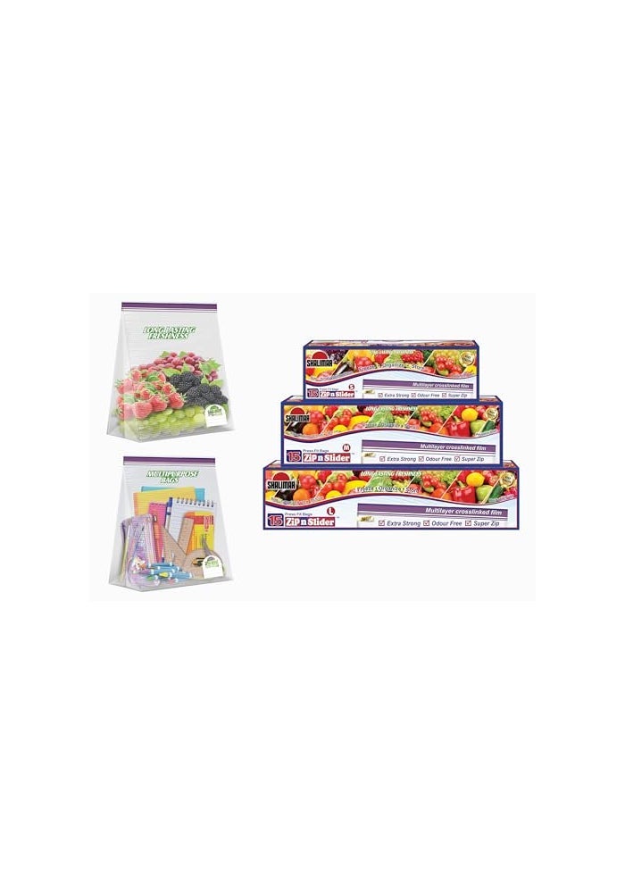 shalimar حقيبة شاليمار القابلة لإعادة الاستخدام بسحاب – حزمة مكونة من 3 صناديق (صغيرة + متوسطة + كبيرة) – 45 حقيبة – أكياس تخزين للخضروات/التجميد/استخدامات متعددة – لون طبيعي - Image 1