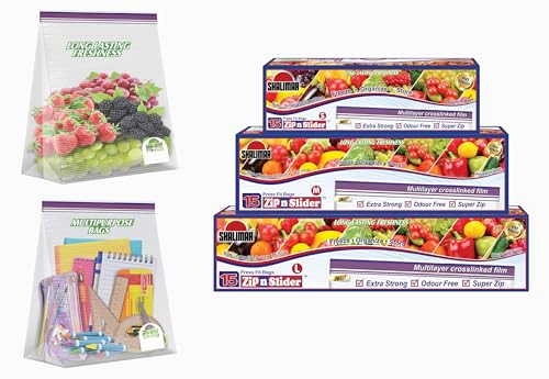 Shalimar Zip 'N' Lock Bag Press Fit (Reusable) (3 Boxes) Combo Pack size (Small + Medium + Large) Vegetable Bag/Freeze Bag/MultiPurpose Storage Bag (Pack of total 45 Bags) Color Natural - Image 1