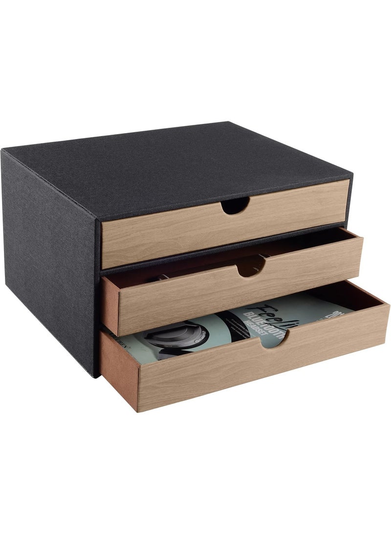3-Drawer A4 Desk Organizer, Stackable Document Storage Box with Textured Black Exterior and Wood-Grain Drawer Fronts for Office and Home Workspace - Image 5
