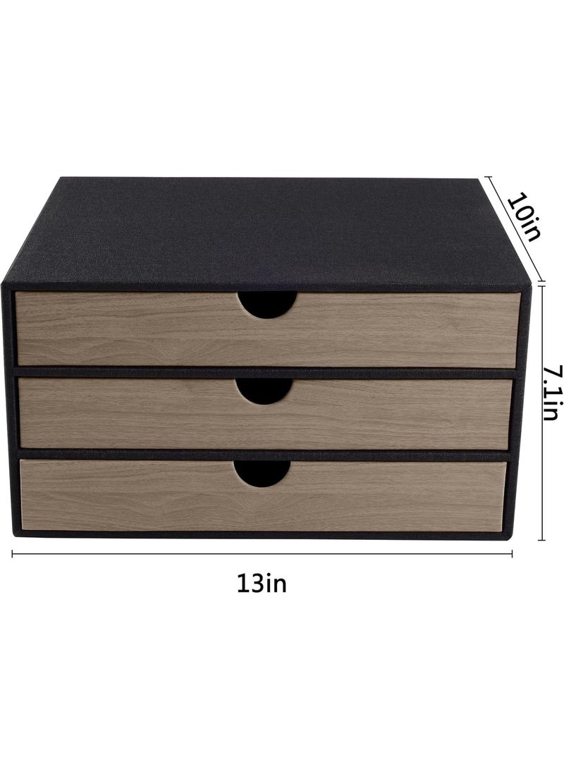 3-Drawer A4 Desk Organizer, Stackable Document Storage Box with Textured Black Exterior and Wood-Grain Drawer Fronts for Office and Home Workspace - Image 4