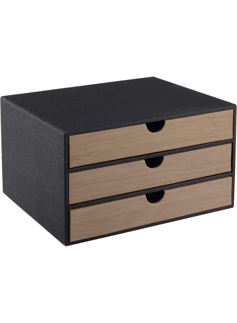 3-Drawer A4 Desk Organizer, Stackable Document Storage Box with Textured Black Exterior and Wood-Grain Drawer Fronts for Office and Home Workspace - Image 1