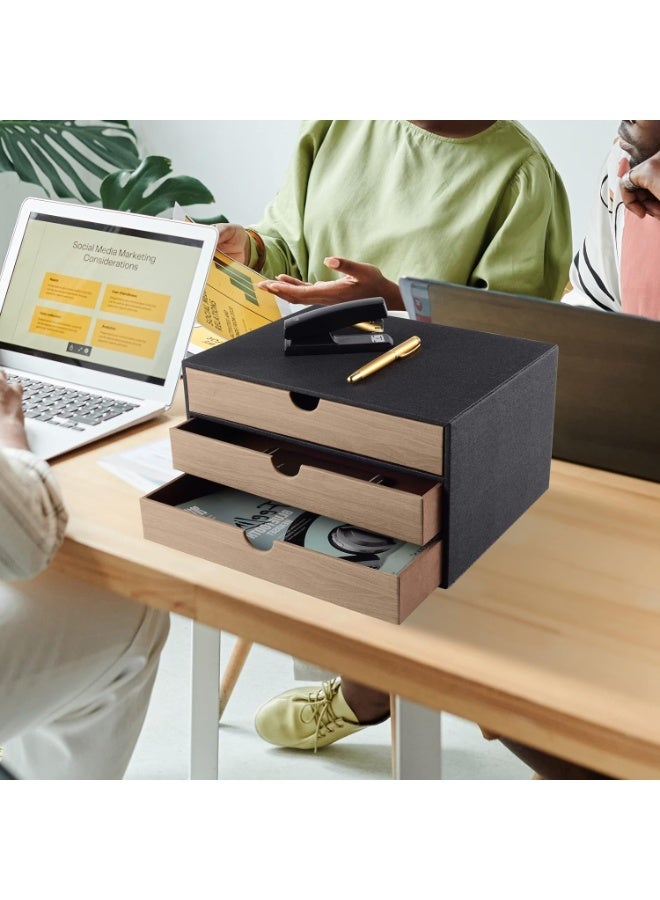 3-Drawer A4 Desk Organizer, Stackable Document Storage Box with Textured Black Exterior and Wood-Grain Drawer Fronts for Office and Home Workspace - Image 3
