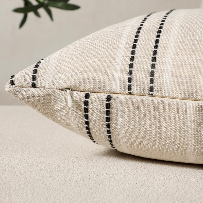 Hckot Throw Pillow Covers 24x24 Set of 2 Striped Pillow Covers Textured Linen Decorative Pillows Square Cushion Covers for Sofa Couch Bed Living Room Farmhouse Decor,Black - Image 2