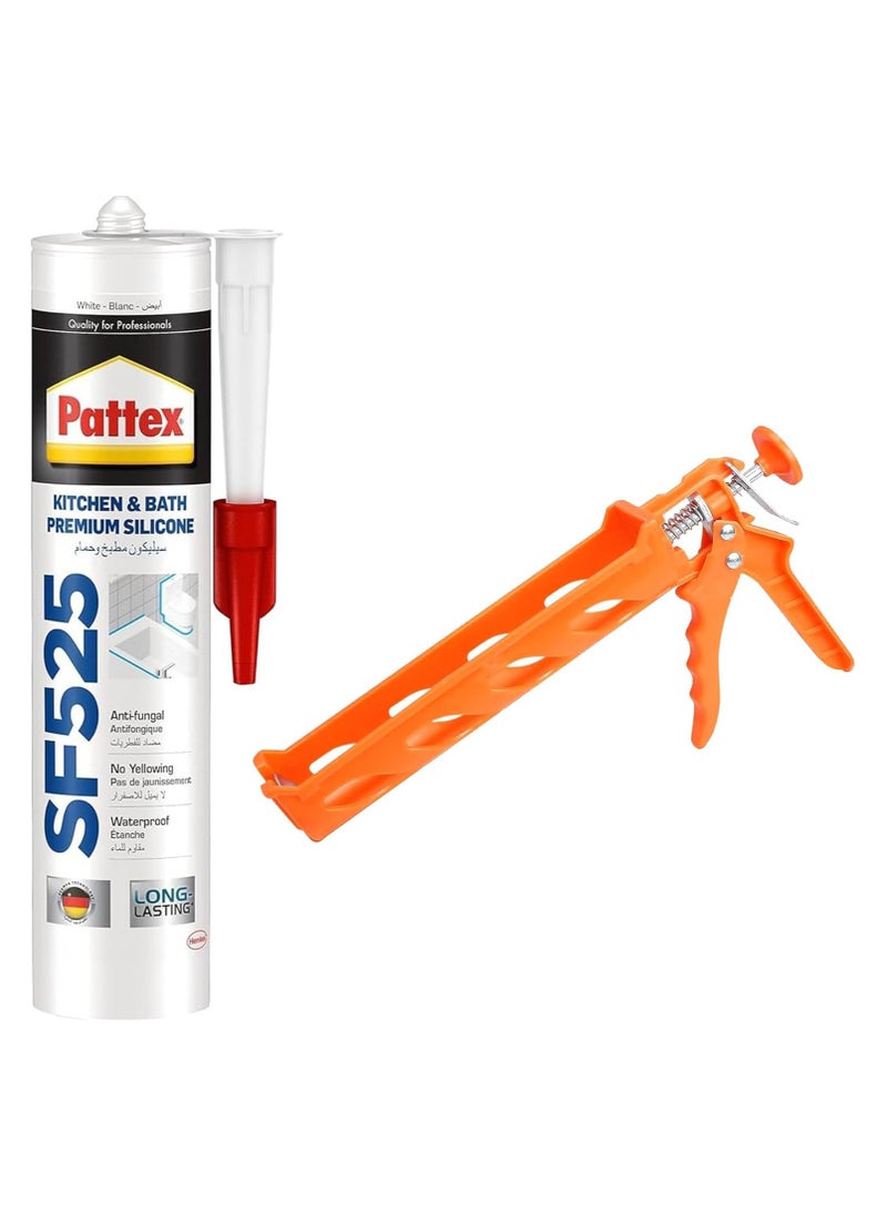 Pattex - Pattex Sf525 Silicone Sealant and Gun - Premium Kitchen And Bath silicone sealant and Heavy Duty Series Mould Resistant, Ideal For Showers, Toilets Tiles, Easy Bathroom Sealant 1X280ML Cartridge - Image 1